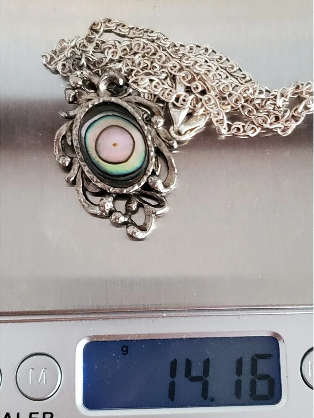 Vintage Sterling Silver Abalone Shell Scroll Pendant with Chain Necklace